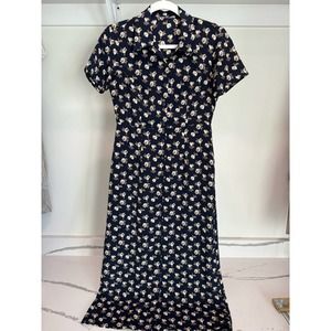 Navy Floral Collared Dress - No Brand -‎ Probably Size Small - See photos